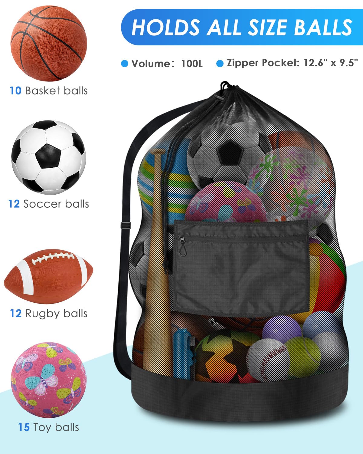 Heavy Duty Soccer Ball Net Bag(100L Extra Large Capacity 10-12Balls), Drawstring Mesh Ball Bag with Zipper Pocket, Sports Equipment Storage Organizer Hold for Gym, Beach, Cloth, Swimming Gears (1)