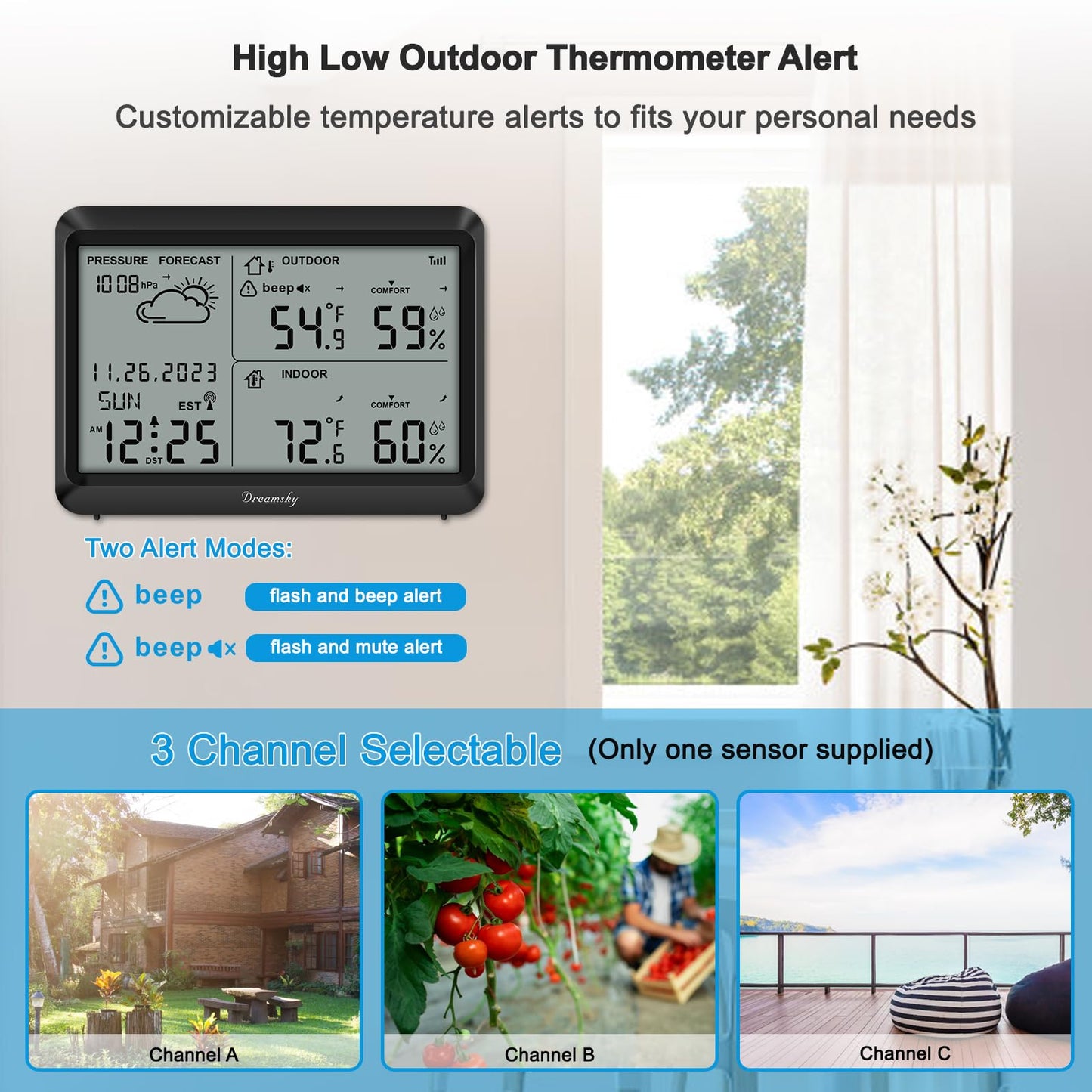 DreamSky Weather Station Indoor Outdoor Thermometer Wireless - Atomic Clock with Indoor/Outdoor Temp, Date & Day, Battery Powered, Home Weather Forecast Clock with Inside Outside Temperature Humidity