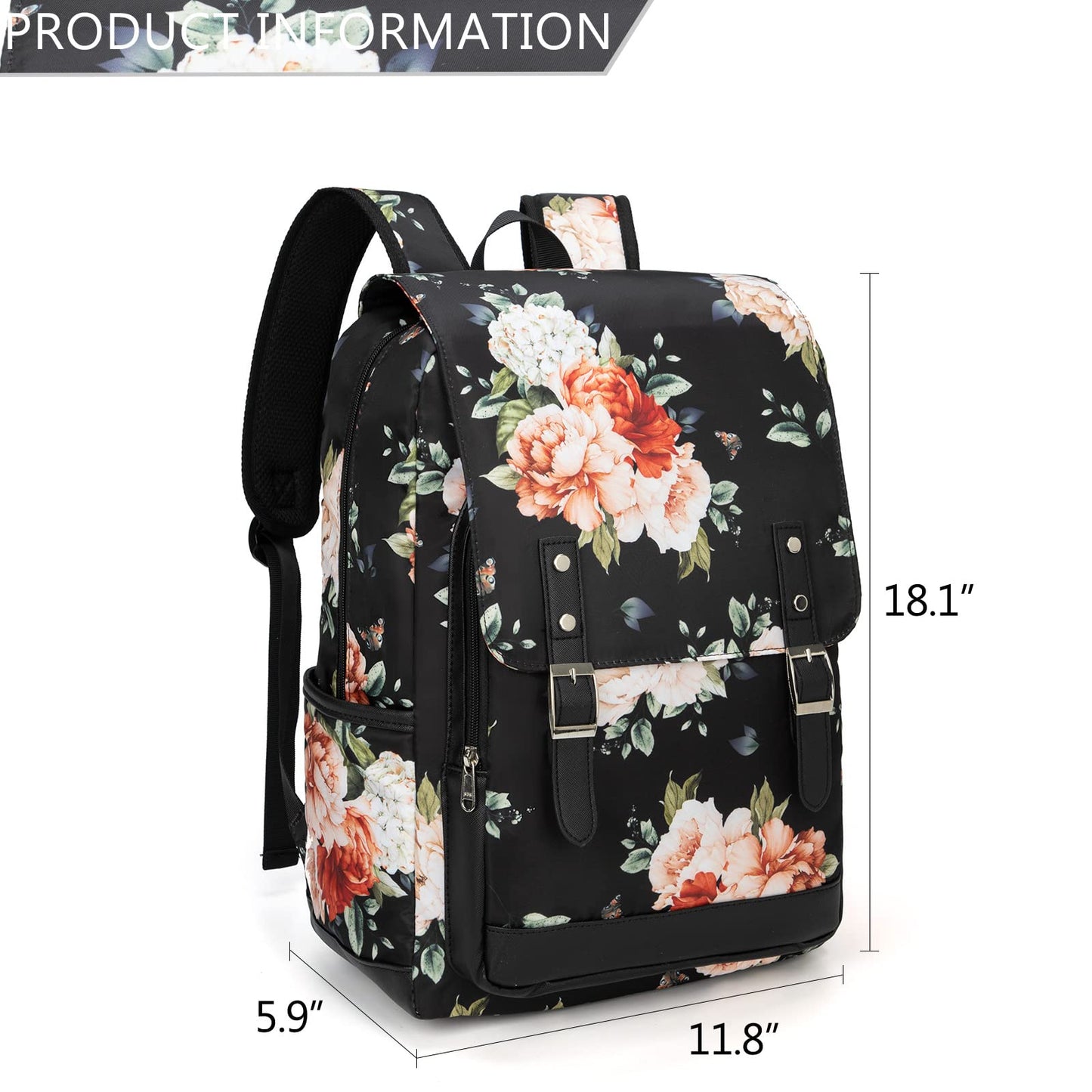 School Backpack for Teen Girls Women Bookbag School Bag 15.6 inch Laptop Backpack Daypack for School Travel (Floral Black-2)