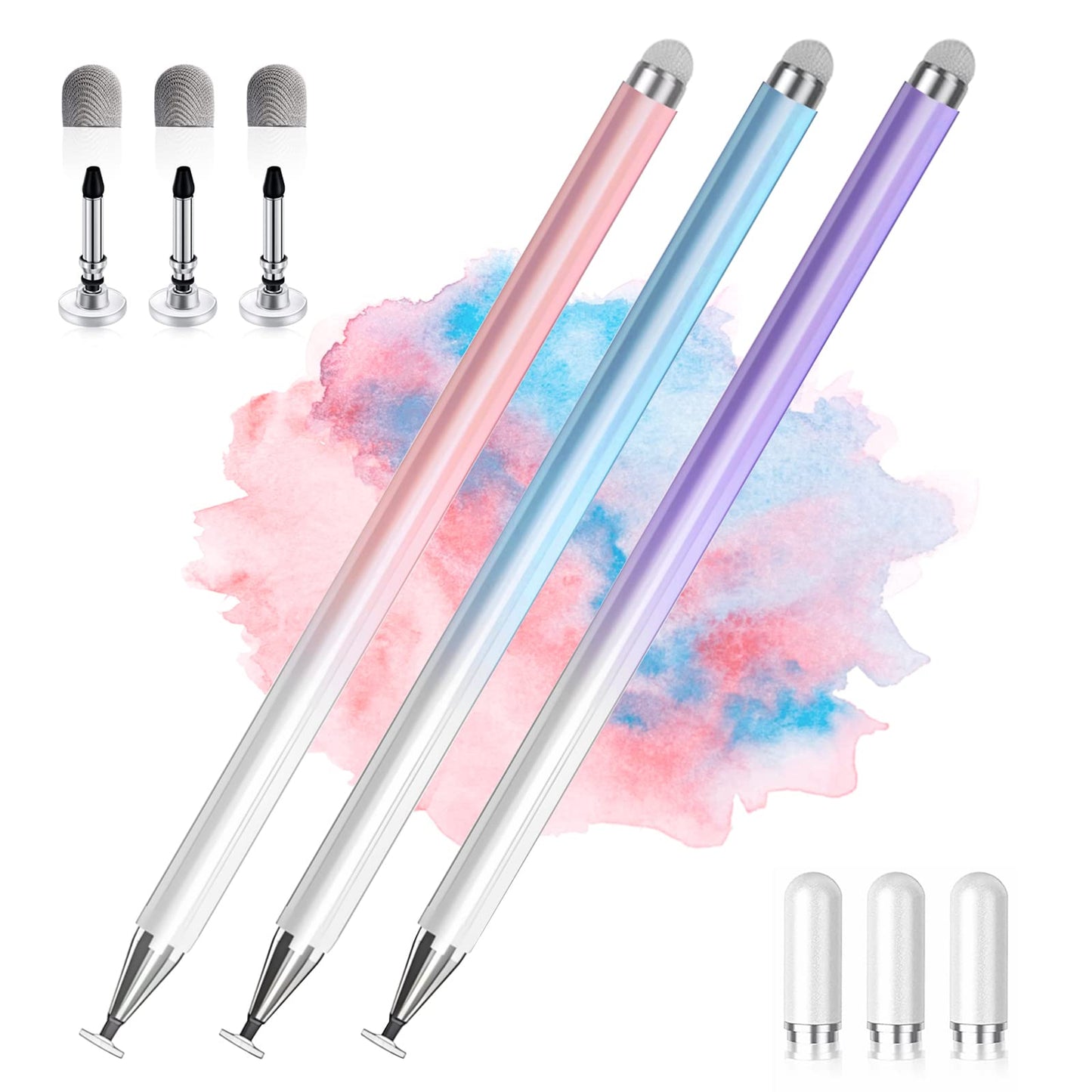 Stylus Pens for Touch Screens, 2 in 1 High Precision Universal Stylus Pen for iPad Compatible with Apple, iPhone, iPad, Android, Microsoft Tablets, Phones, 3 Pack-Blue, Pink, Purple