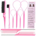 Hair Styling Tools Set 8 Pieces -4 Topsy hair Tail Tools 2 Rat Tail Combs, 1 Slick Back Hair Bristle Brush and 1 Edge Control Brush,Hair Pull Through Tools for Woman Girl Hair Styling. Pink Linmxiy