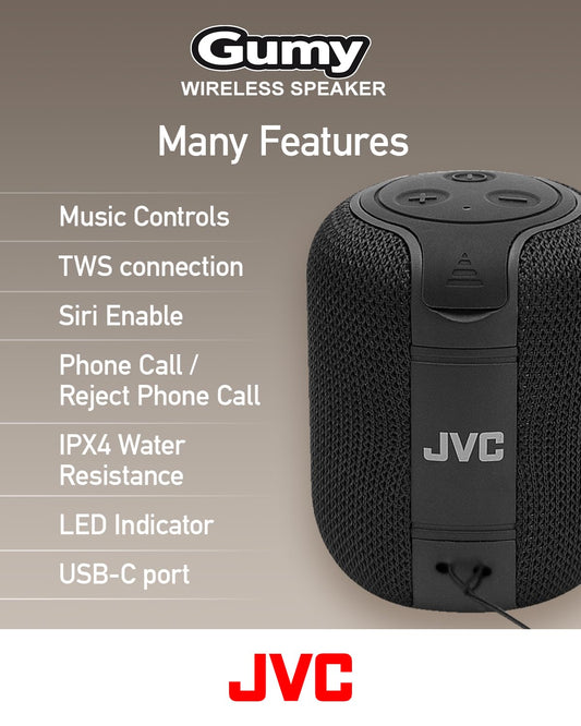 JVC Portable Gumy Wireless Speaker with Surround Sound, Bluetooth 5.3, Lightweight, TWS Capability, USB-C, up to 15-Hour Battery Life - SPSG1BTA (Blue)