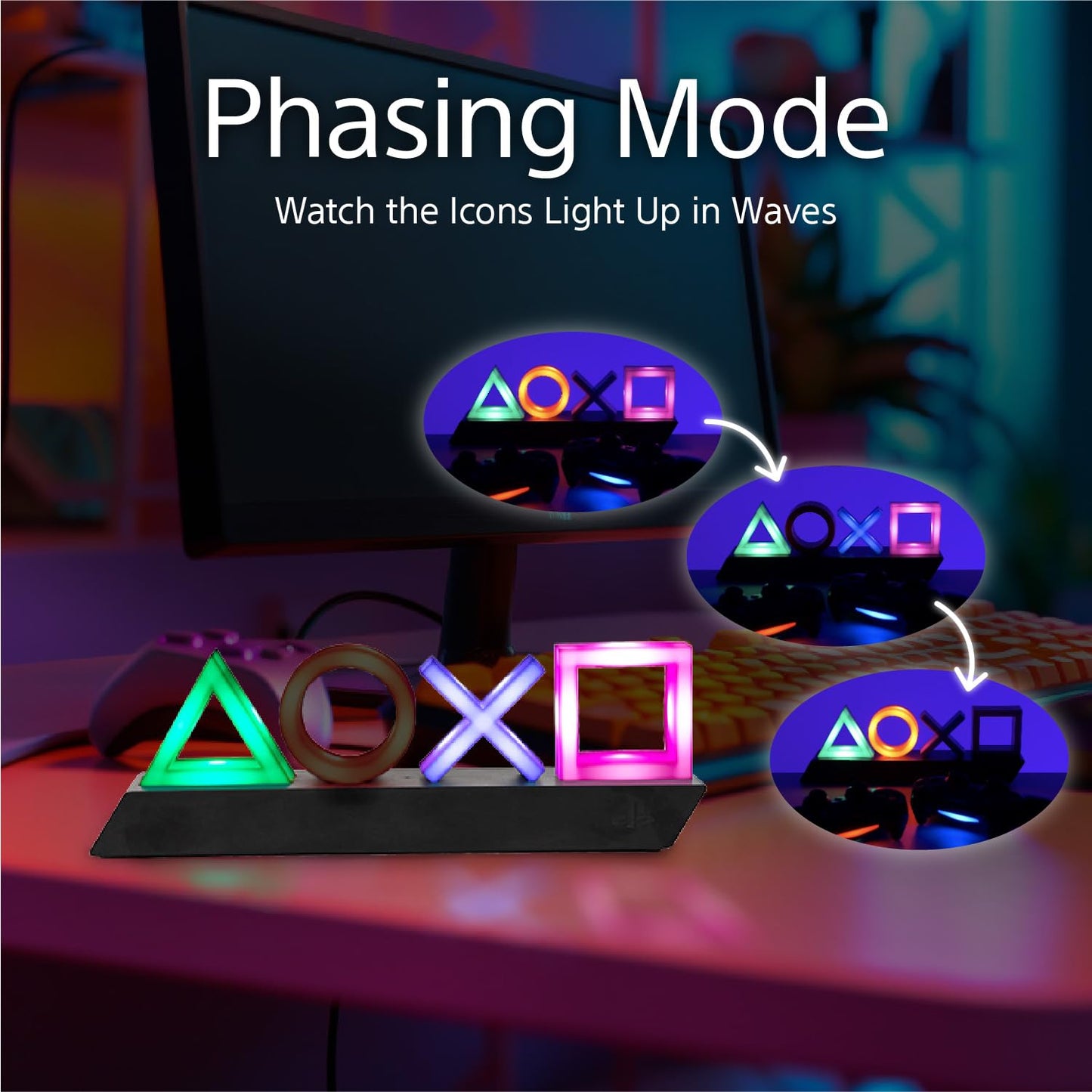 Paladone Playstation Controller Icons Light with 3 Light Modes - Sound Reactive, Dynamic Phasing, and Standard Mode - Gaming Desk Accessories and Game Room Decor