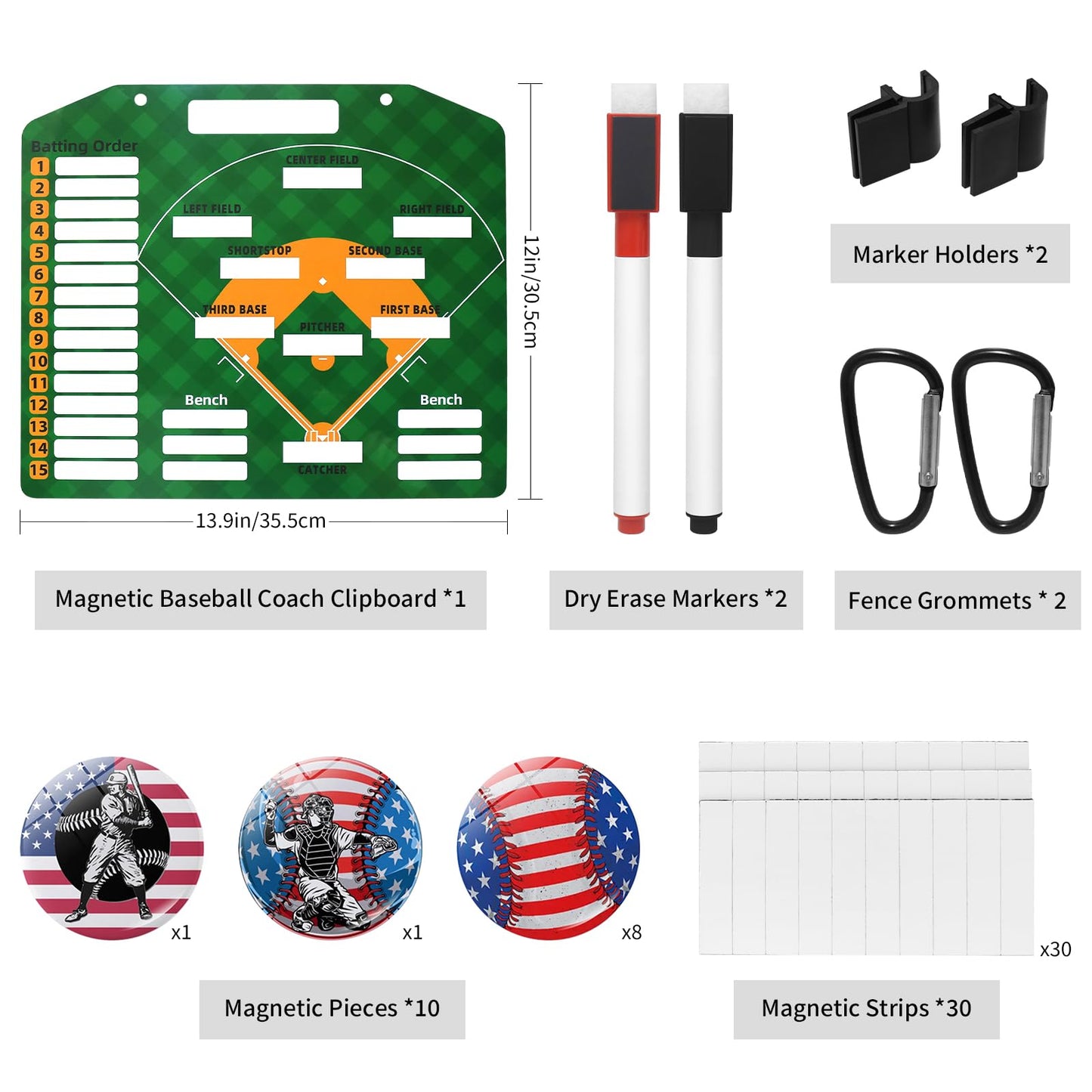 Magnetic Baseball Lineup Board for Dugout，Large Dry Erase Baseball Coach Lineup Board，Double-Sided Baseball Clipboard for Coaches with 30 Lineup Cards,10 Decal, 2 Marker Softball Coaching Accessories