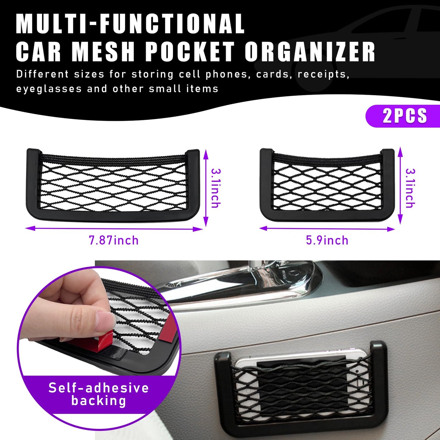 Dickno 2 PCS Car Pocket Phone Net, Universal Seat Side Storage Net Bag with Double Sided Tape, Automotive Frame Storage Net Pocket, Vehicle Interior Organizer for Phone Purse Bag