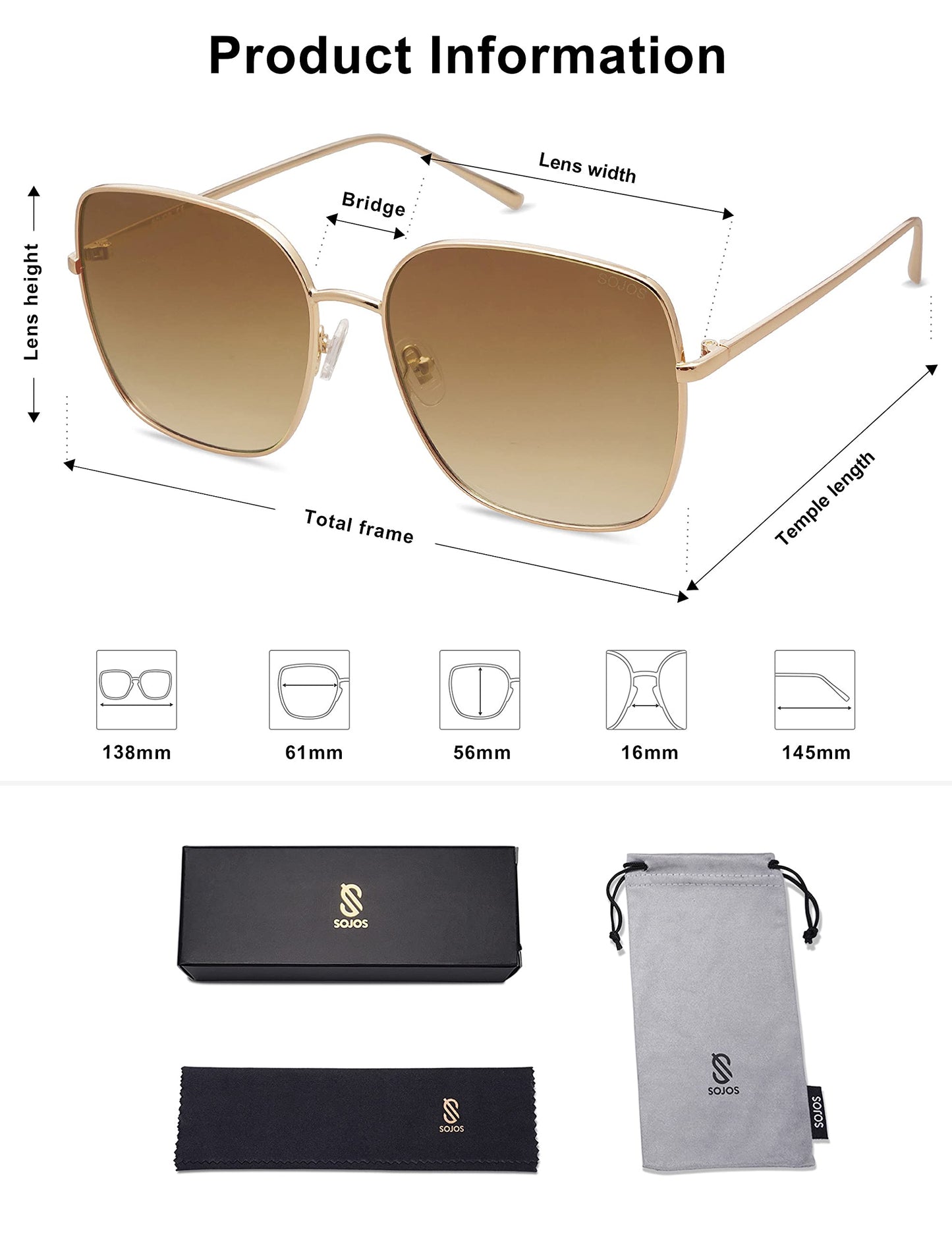 SOJOS Trendy Oversized Square Metal Frame Sunglasses for Women Men Retro Big Flat Lens UV Protection Sunglasses SJ1146, Gold Frame/Brown Grading Lens