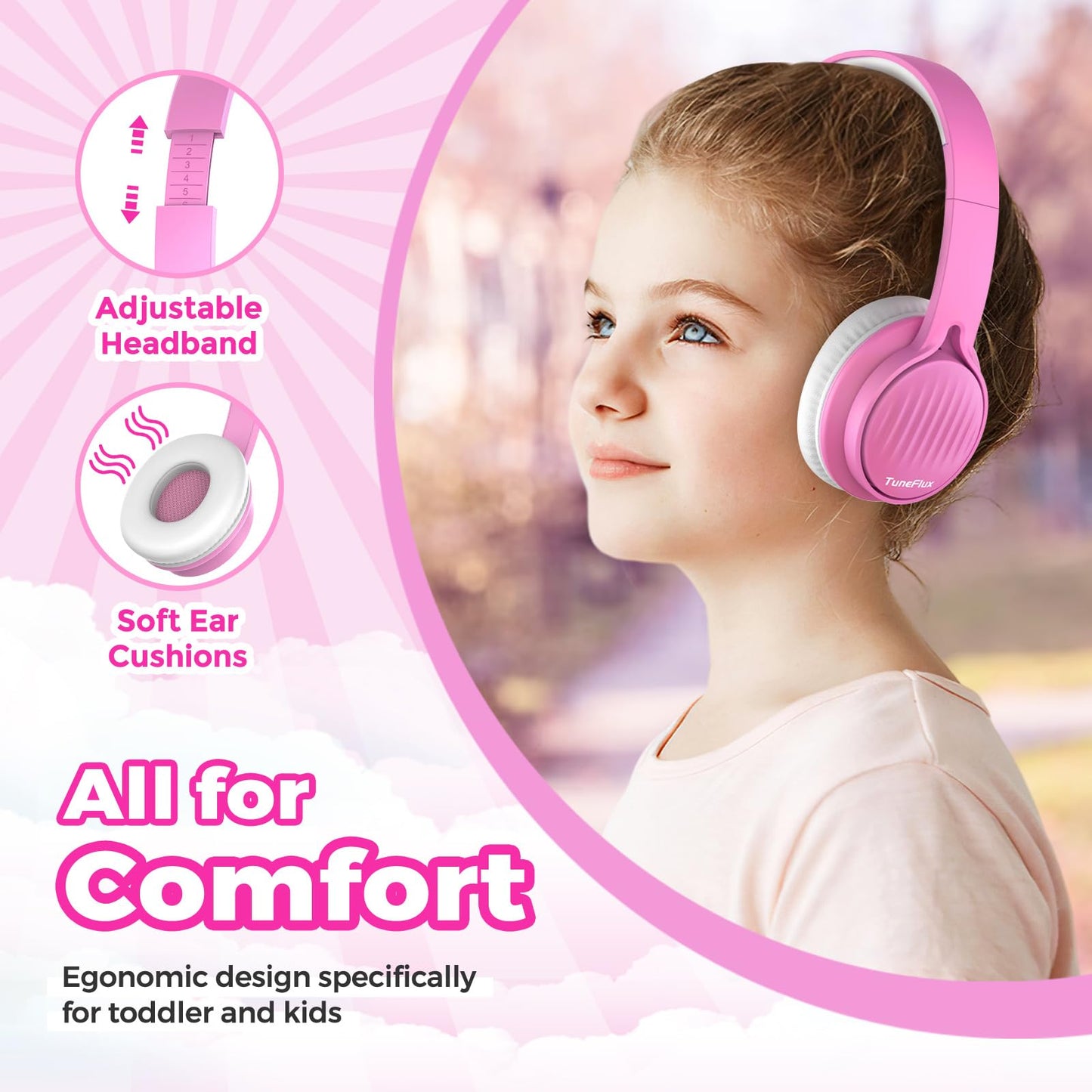 TuneFlux Upgraded Kids Headphones, Wired Toddler Headphones, 85dB Limited Volume On Ear Headphones, Portable Foldable Design, Stereo Sound Kids Headphones for School/Tablet/Travel-Pink