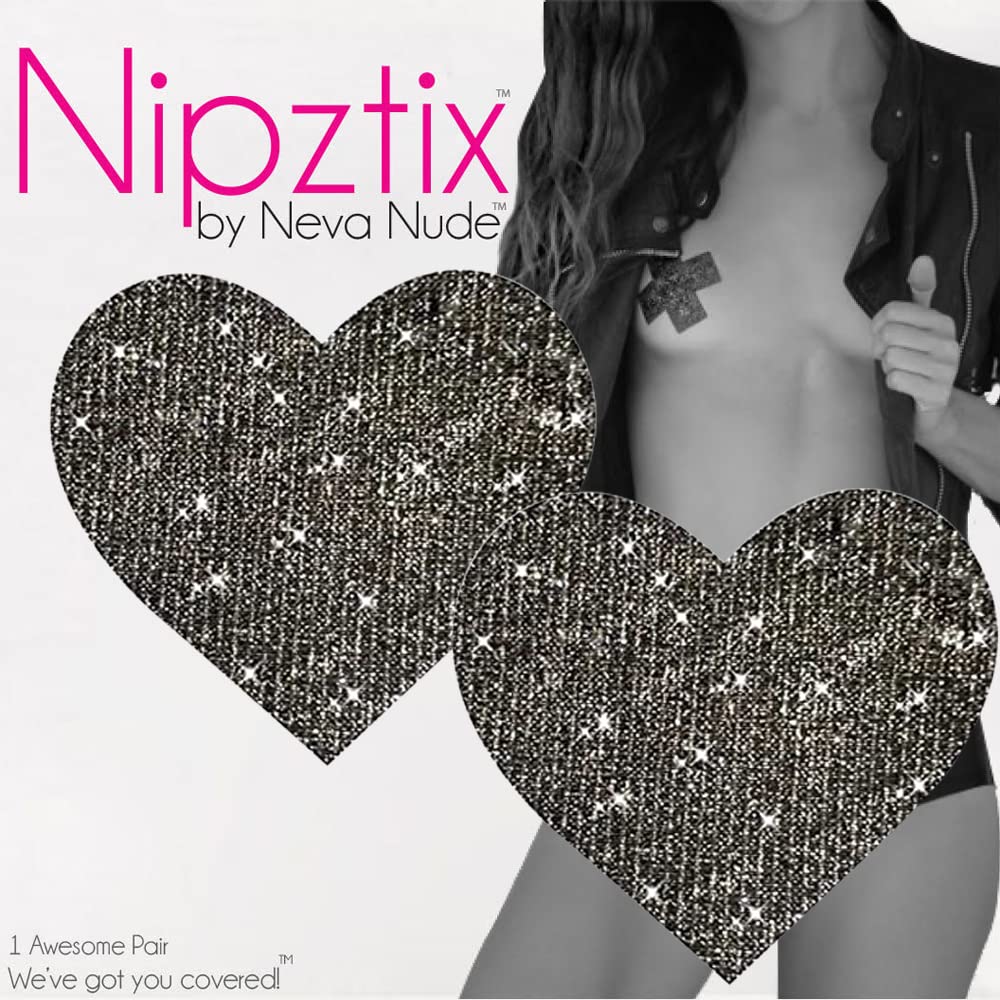 Pasties Neva Nude I Heart U Nipztix pour festivals, raves et plus, adhésif de qualité médicale, imperméable et résistant à la transpiration, fabriqué aux États-Unis (ballerine Bling noir et gris métallisé)