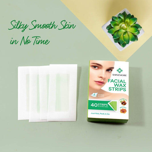 ShineMore Facial Wax Strips for hair removal - Hypoallergenic for All Skin Types - - Gentle and Fast-Working for Face, Eyebrow, Upper Lip, and Chin (40 Women Wax Strips + 4 Calming Oil Wipes NATURE NATION Ingredients )