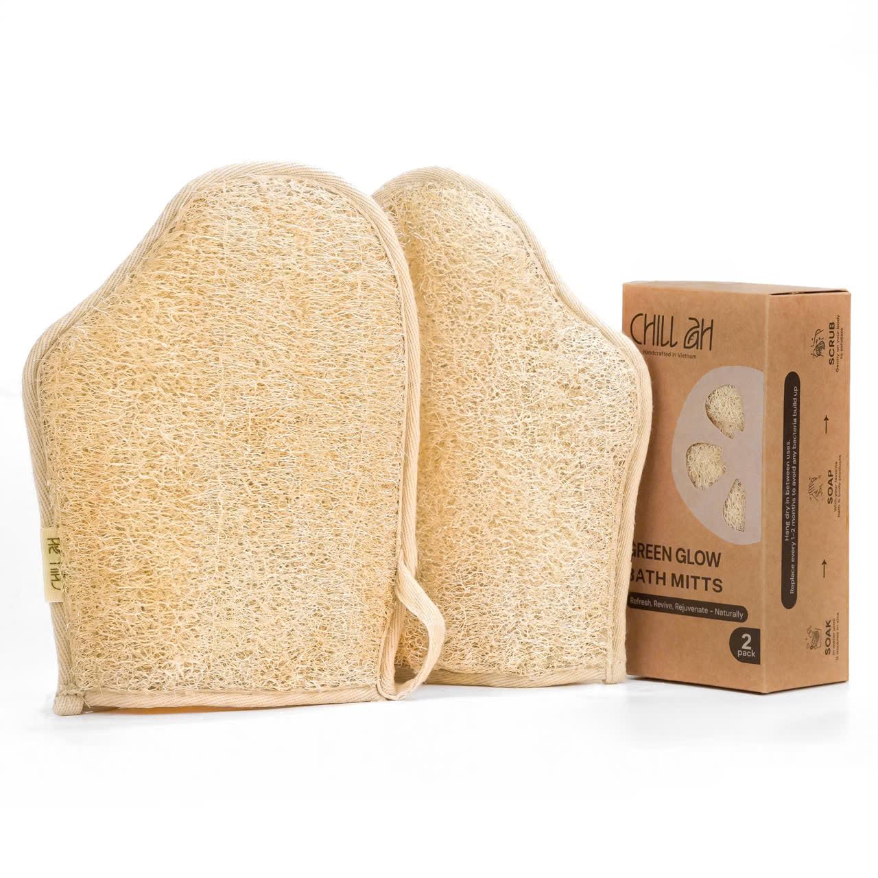 Chill Ah Green Glow All Natural Exfoliator Dual Sided Loofah Bath Mitts – 100% Plant-Based, Dye-Free, Biodegradable, Scratch-Free, Handcrafted in Vietnam (2-Pack)