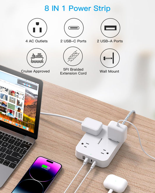 Flat Plug Extension Cord, 5ft Power Strip with 4 USB Ports(2 USB C), 4 Widely Outlets Extender, Wall Mount, Desk Charging Station for Office, School, Travel and Dorm Room Essentials, ETL Listed