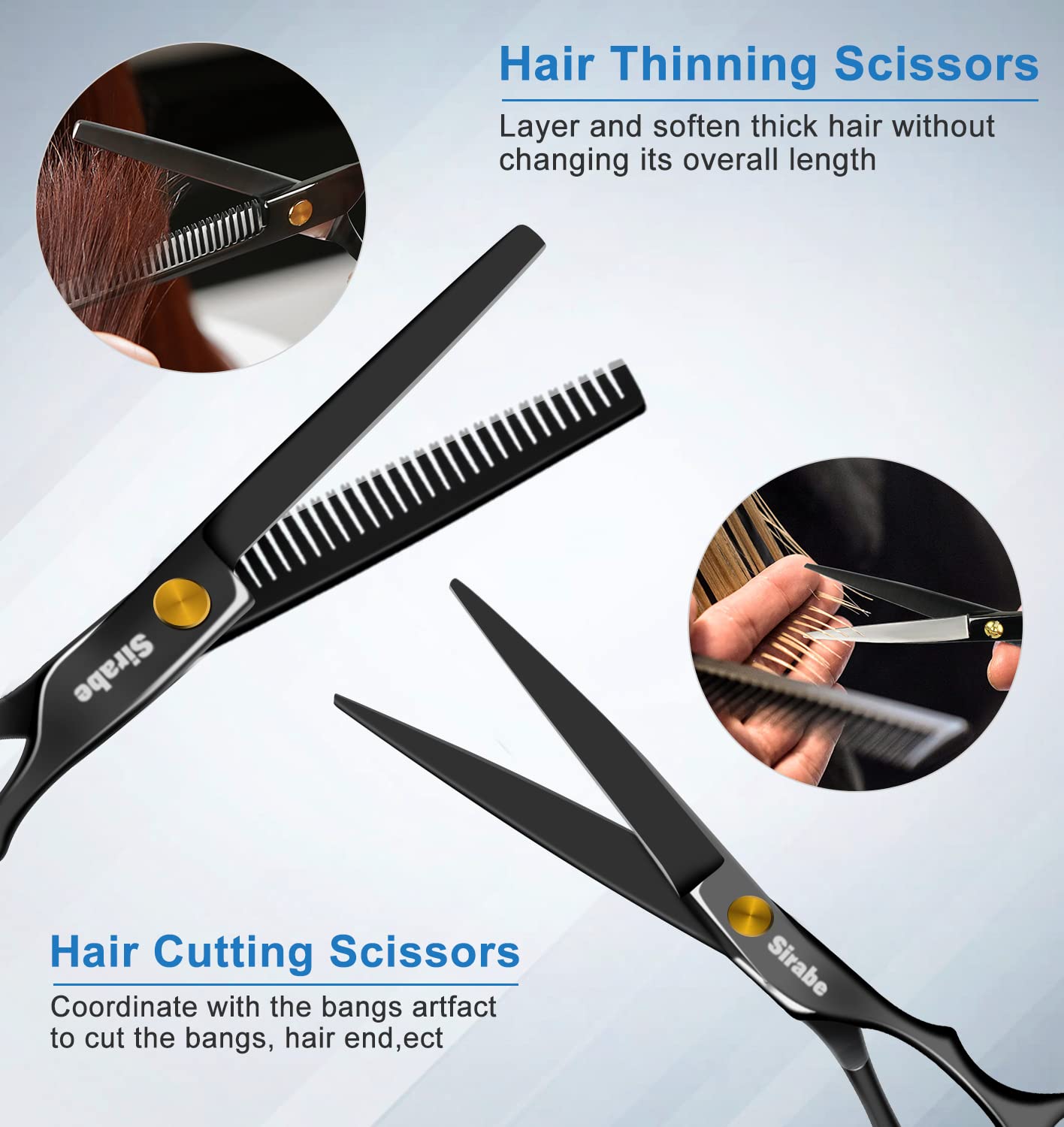 Sirabe 10 PCS Hair Cutting Scissors Set, Professional Haircut Scissors Kit with Cutting Scissors, Thinning Scissors, Comb, Cape, Clips, Black Hairdressing Shears Set for Barber, Salon, Home