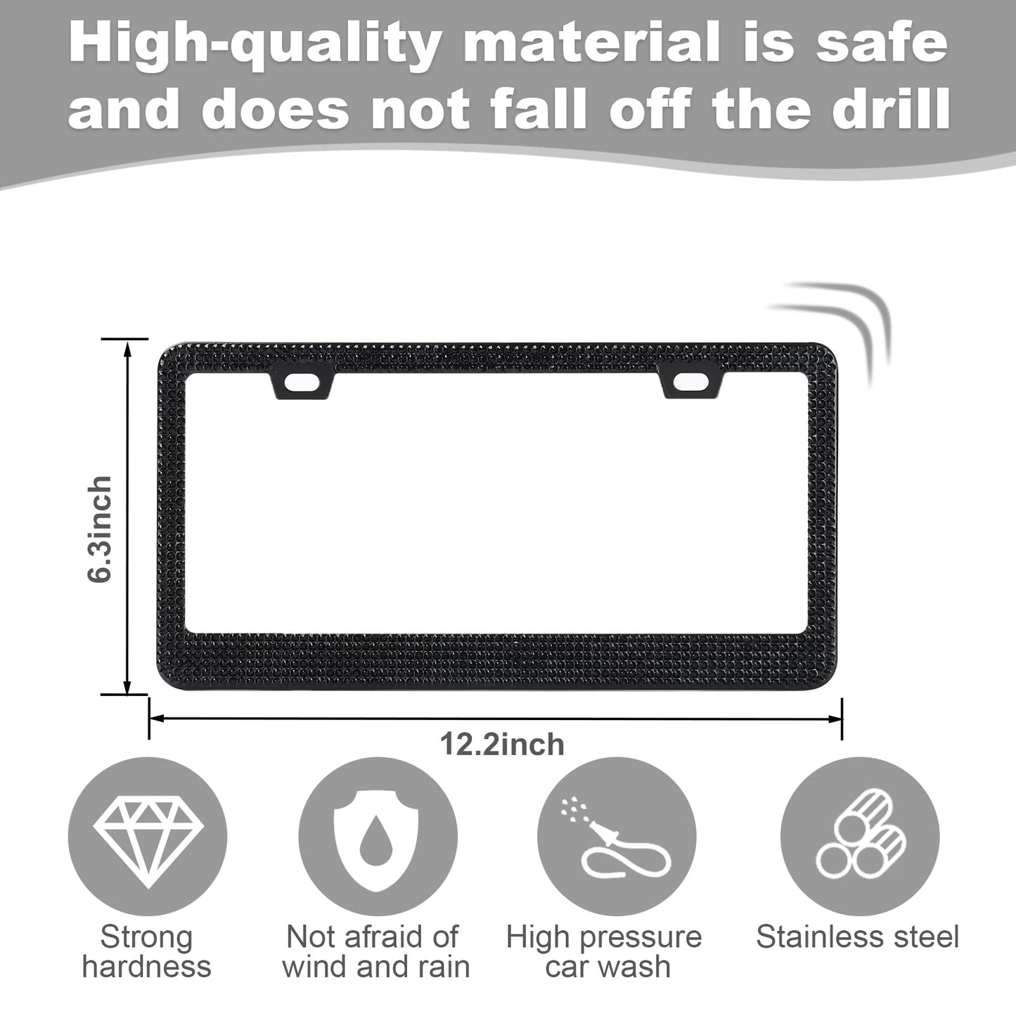 QUANQIUFEI 2 Pack Bling License Plate Frames for Women, Sparkly Rhinestone Diamond Car Accessories with Glitter Crystal Caps (Black)