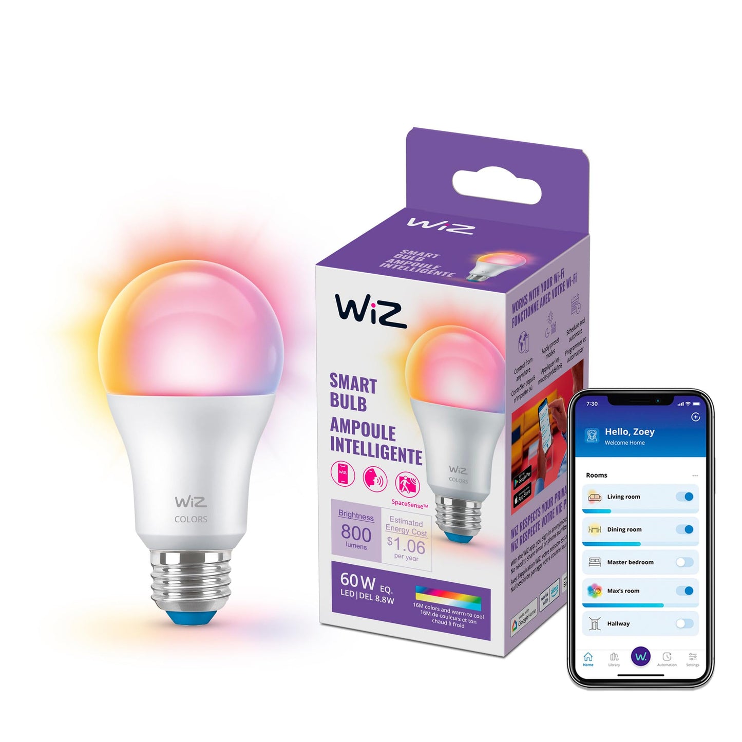 WiZ Connected 60W A19 LED Smart Light Bulbs - Connects to Your Wi-Fi - E26 Smart Bulb - Control with Voice or App + Activate with Motion - Matter Compatible - 1 Pack