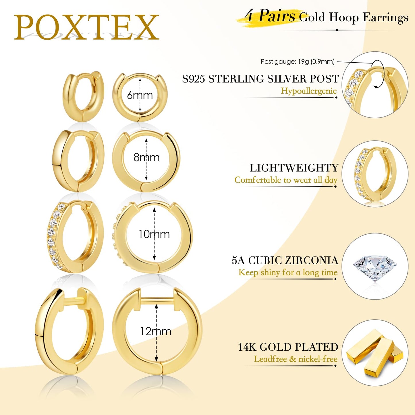 Poxtex 4 Pairs Gold Hoop Earrings Set for Women, Huggie Cartilage 14K Gold Plated S925 Sterling Silver, Lightweight Hypoallergenic Jewelry for Gift, Cubic Zirconia Open Hoops Earring, Cubic Zirconia