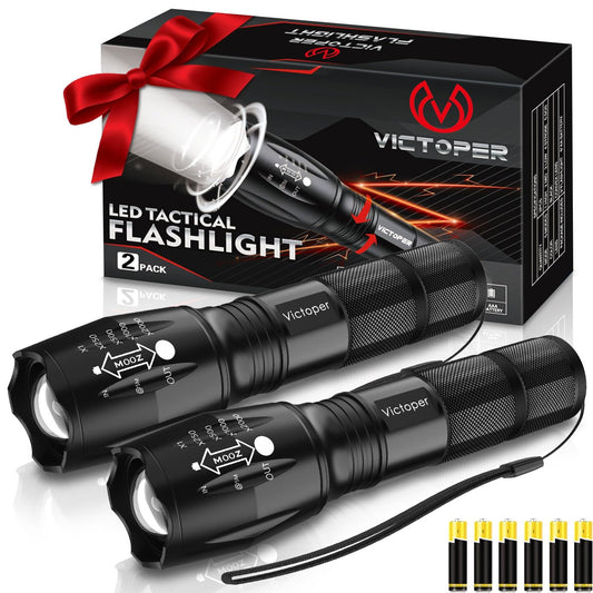 Victoper LED Flashlight 2 Pack, Bright 2000 Lumens Tactical Flashlights High Lumens with 5 Modes, Waterproof Zoomable Flash Light for Outdoor, Gifts for New Year 2025 Camping Essentials Gear