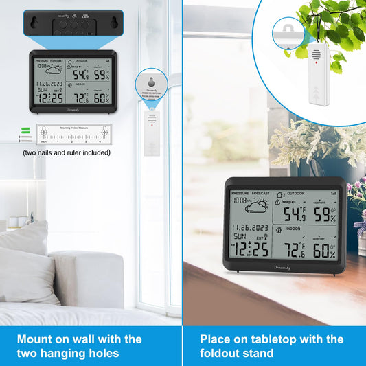 DreamSky Weather Station Indoor Outdoor Thermometer Wireless - Atomic Clock with Indoor/Outdoor Temp, Date & Day, Battery Powered, Home Weather Forecast Clock with Inside Outside Temperature Humidity