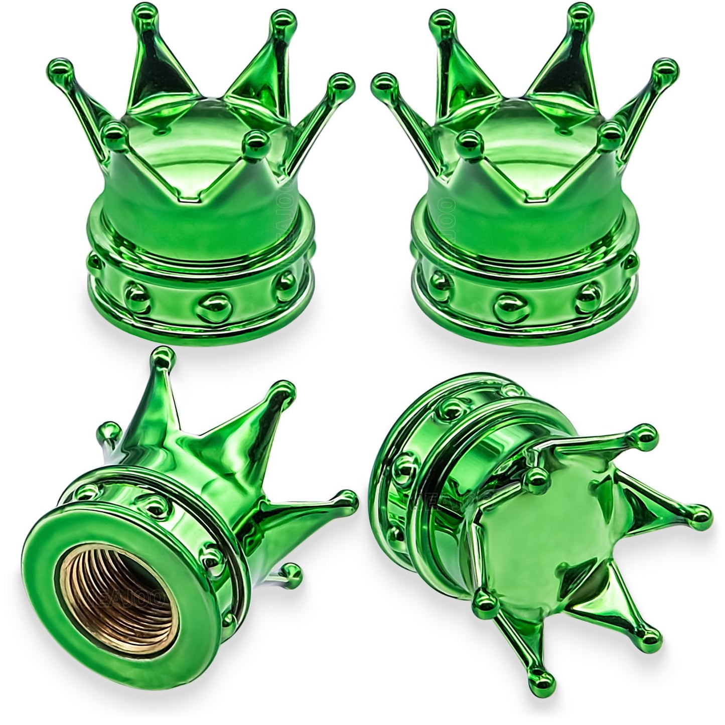 Lot de 4 bouchons de valve de pneu en forme de couronne, avec joint torique en caoutchouc, bouchon de valve d'air de pneu en plastique avec noyau en laiton, universels pour voitures, SUV, camions, vélos, motos, vélos (vert)