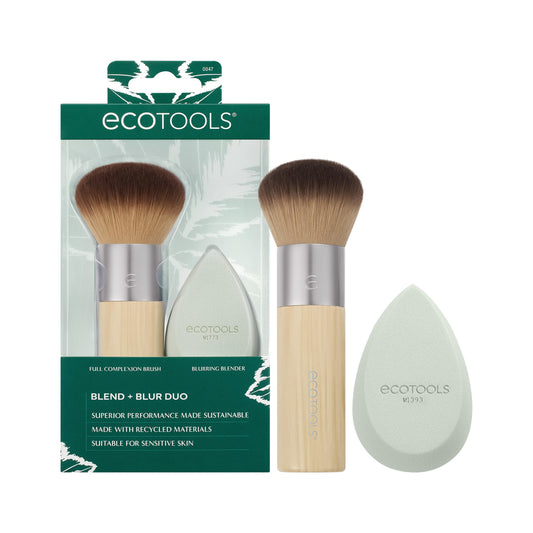 EcoTools Blend + Blur Makeup Brush and Sponge Duo, Makeup Blender Sponge & Foundation Brush, For Liquid & Cream Makeup, Cloud Skin, Eco Friendly, Latex-Free, Cruelty Free, & Vegan, 2 Piece Set