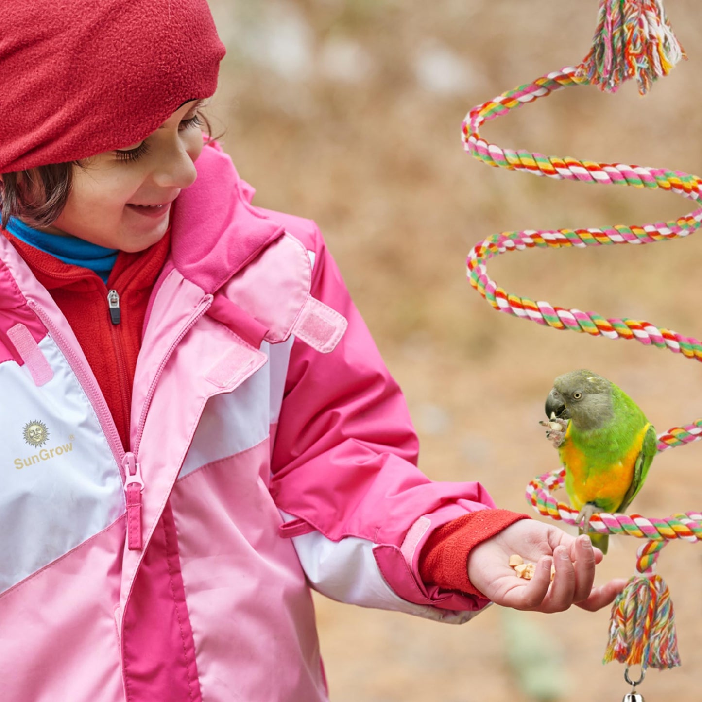 SunGrow Rope Perch for Parrots, 59” Long, Bungee Bird Toy, Brightly Colored Handmade Chew Toy, Spiral Design with Jingling Bell