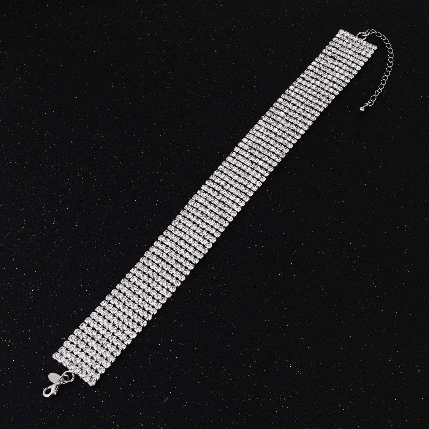 Zealmer Wide Fake Diamond Choker 8 Row White Gold Plated