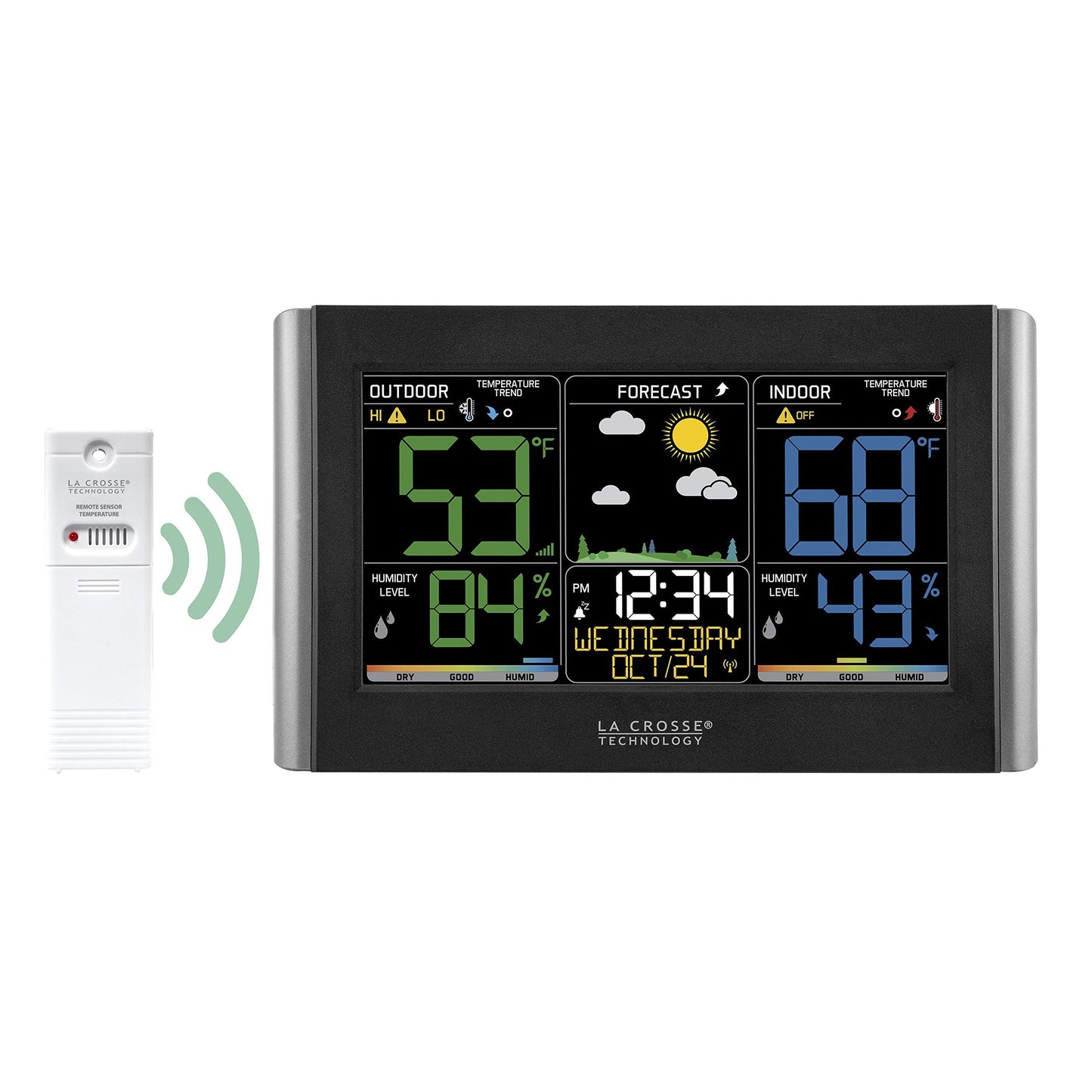 Station météo La Crosse Technology avec alertes personnalisables, prévisions météo, température, point de rosée, humidité, heure, indice de chaleur, grand écran, luminosité réglable, sans fil, noir, C85845-INT