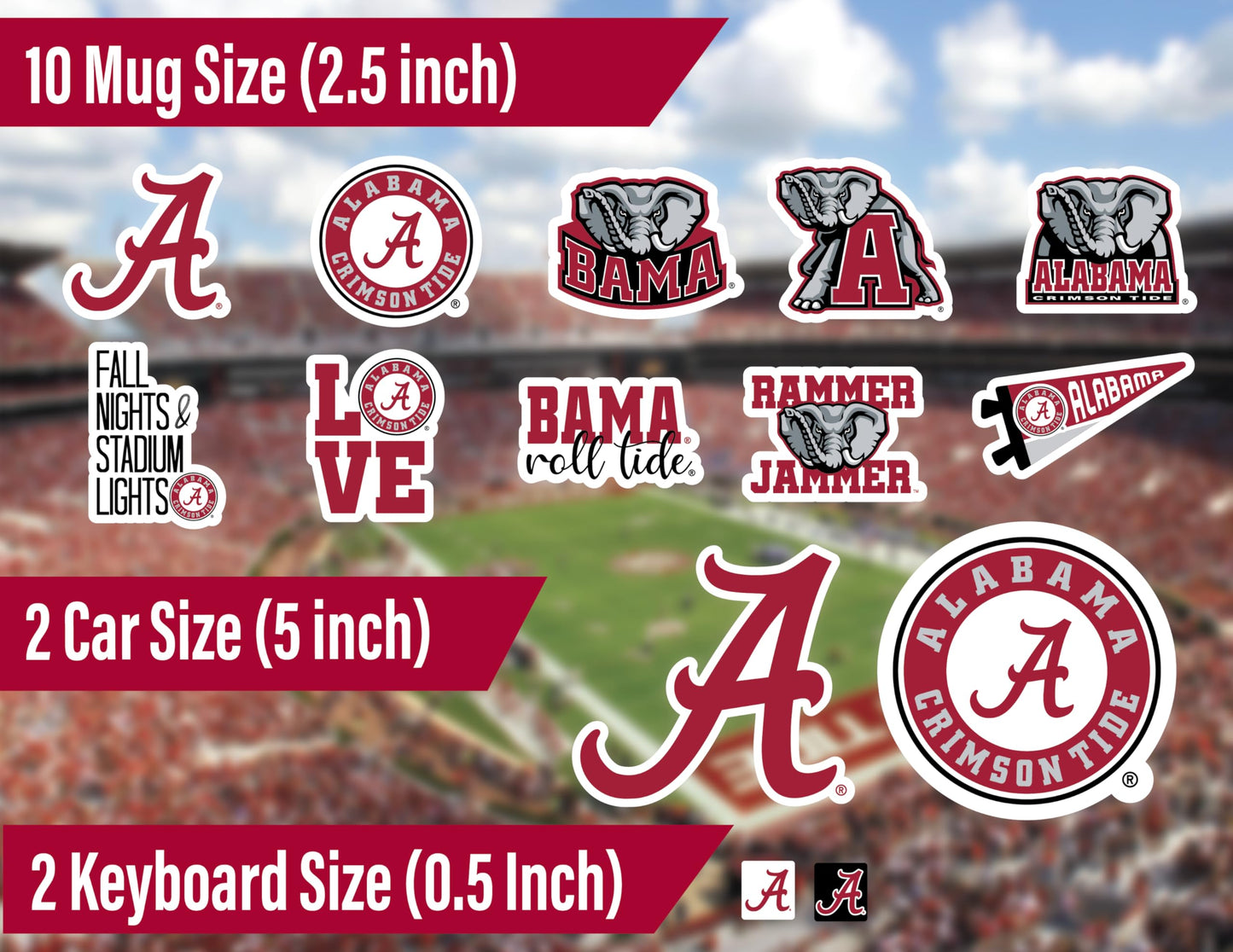 Alabama Crimson Tide Stickers and Decals (14 Pieces) Large, Medium and Small Size Sticker Bundle for Car Window Water Bottle Phone Roll Tide Gift for Men and Women Football Fans (Alabama Crimson Tide)