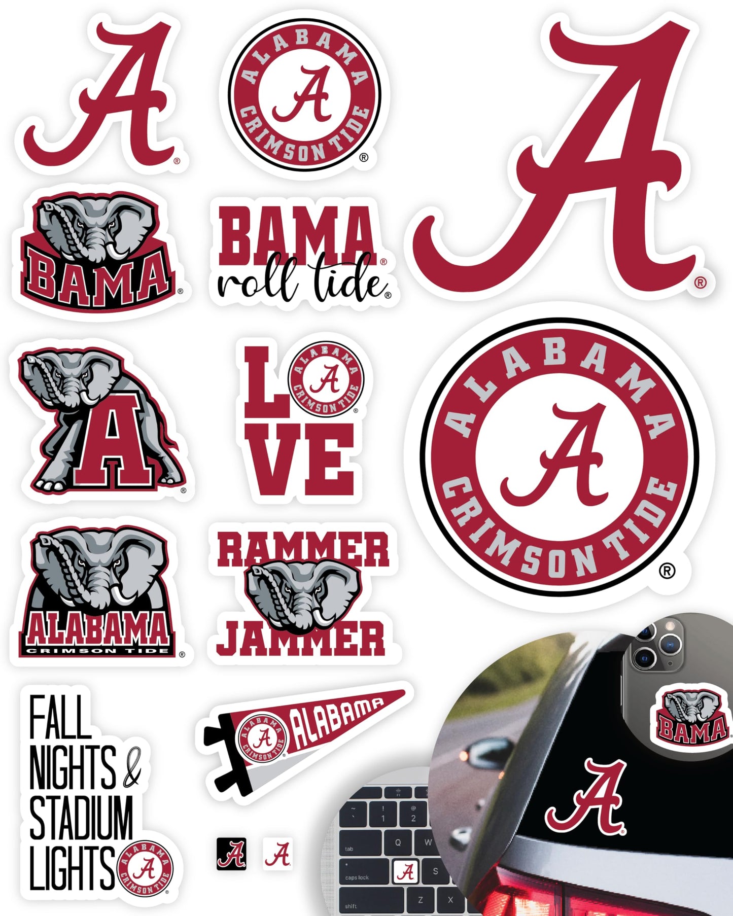 Alabama Crimson Tide Stickers and Decals (14 Pieces) Large, Medium and Small Size Sticker Bundle for Car Window Water Bottle Phone Roll Tide Gift for Men and Women Football Fans (Alabama Crimson Tide)