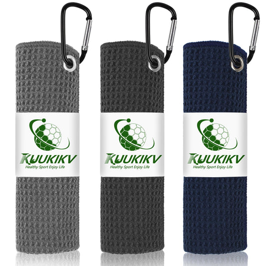 KUUKIKV 3 Pack 16" X 16" Golf Towels for Golf Bags for Men, Premium Waffle-Pattern Golf Towel with Carabiner Clip, Super Absorbent Microfiber Towel, Golf Accessories for Men, 3 Stain-Resistant Colors