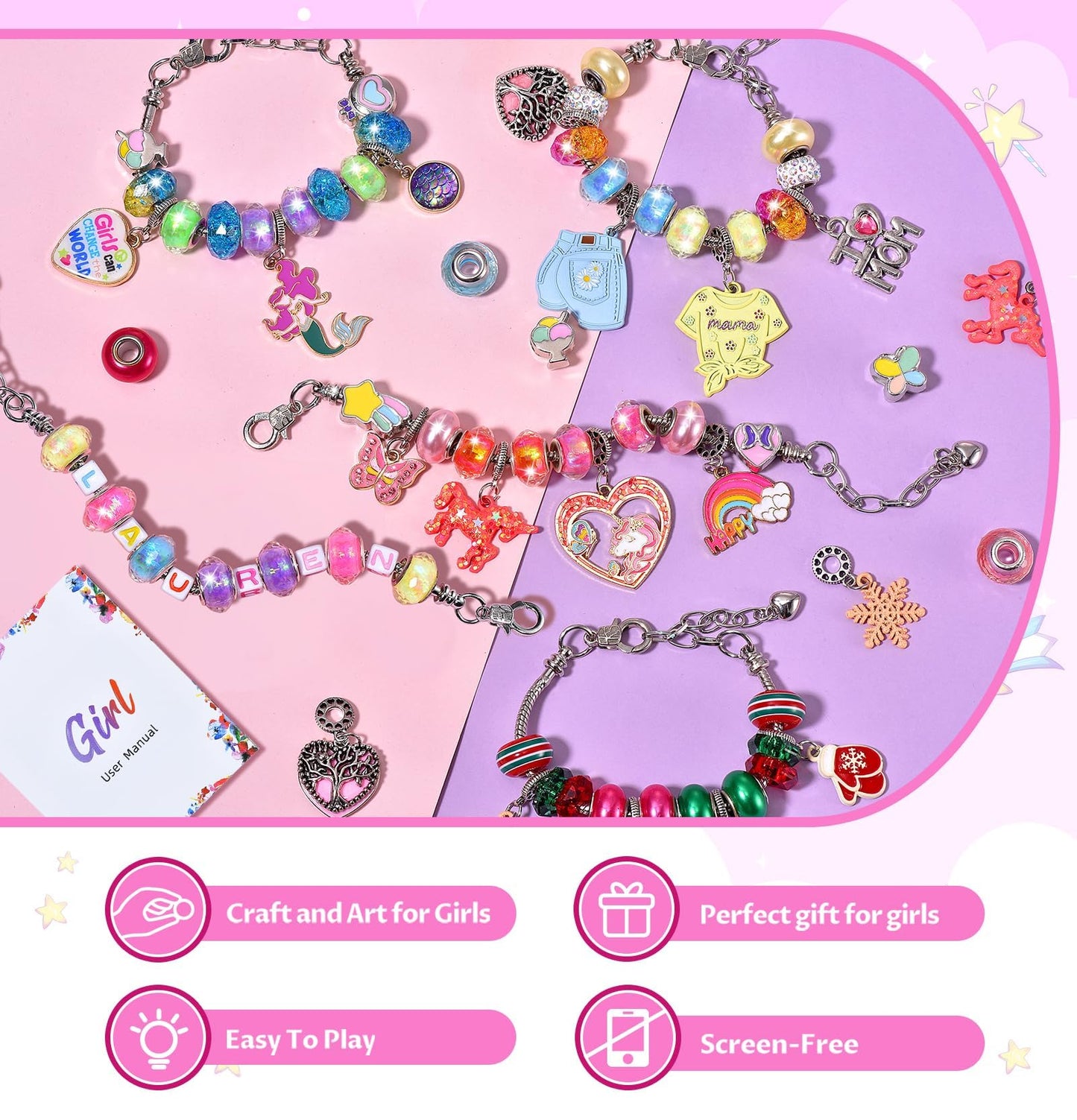 Kit para hacer pulseras con dijes para niñas: kit para hacer joyas con unicornios, kit para manualidades, kit para hacer pulseras con dijes, regalos creativos de cumpleaños para niñas de 6, 7, 8, 9, 10, 11 y 12 años, juguetes para niñas pequeñas