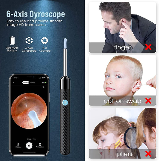 Ear Wax Removal - Earwax Remover Tool with 8 Pcs Ear Set - Ear Cleaner with Camera - Earwax Removal Kit with Light - Ear Camera with 6 Ear Spoon - Ear Cleaner for iOS & Android (Black)