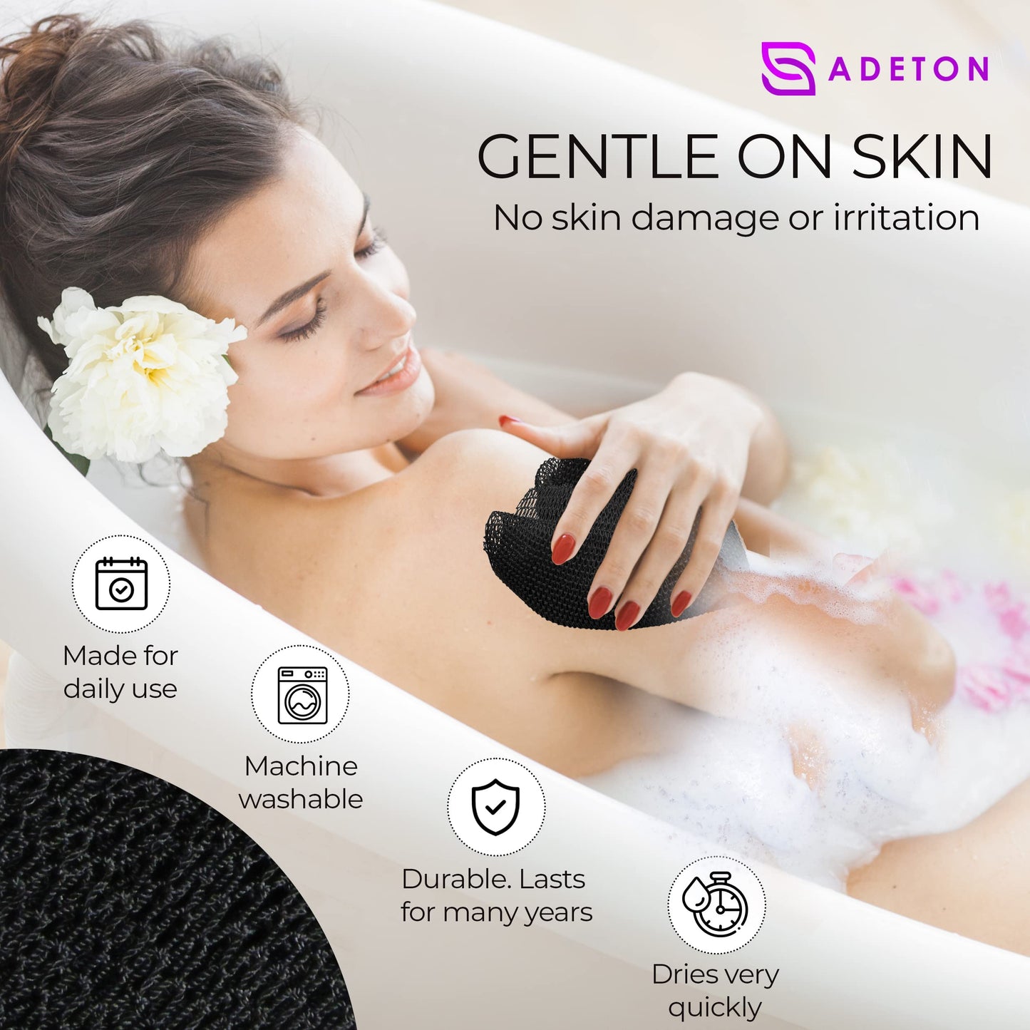 Adeton African Net Sponge, Authentic, Real, Black Owned, Exfoliating Bath Wash Cloth, Long Sponge, Body Exfoliator, Sapo, Shower Bath Accessories, Back Foot Scalp Scrub, Flat Dead Skin Remover (Black)