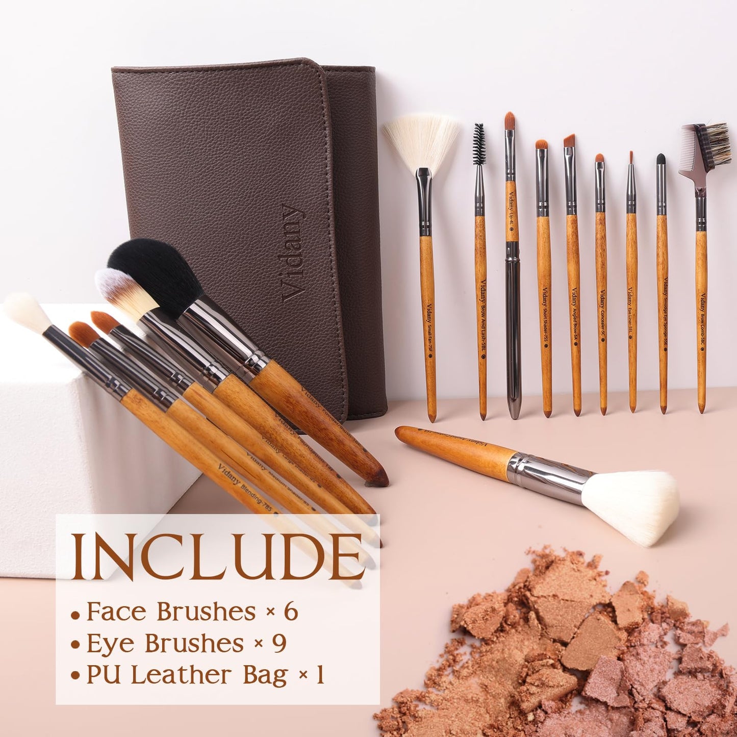 Makeup Brush Set: 15pcs Walnut Wooden Makeup Brushes With Leather Button Bag, Professional Makeup Brushes For Foundation Concealer Kabuki Blush Eyeliner Shadow Brow, Makeup Brush Sets & Kits