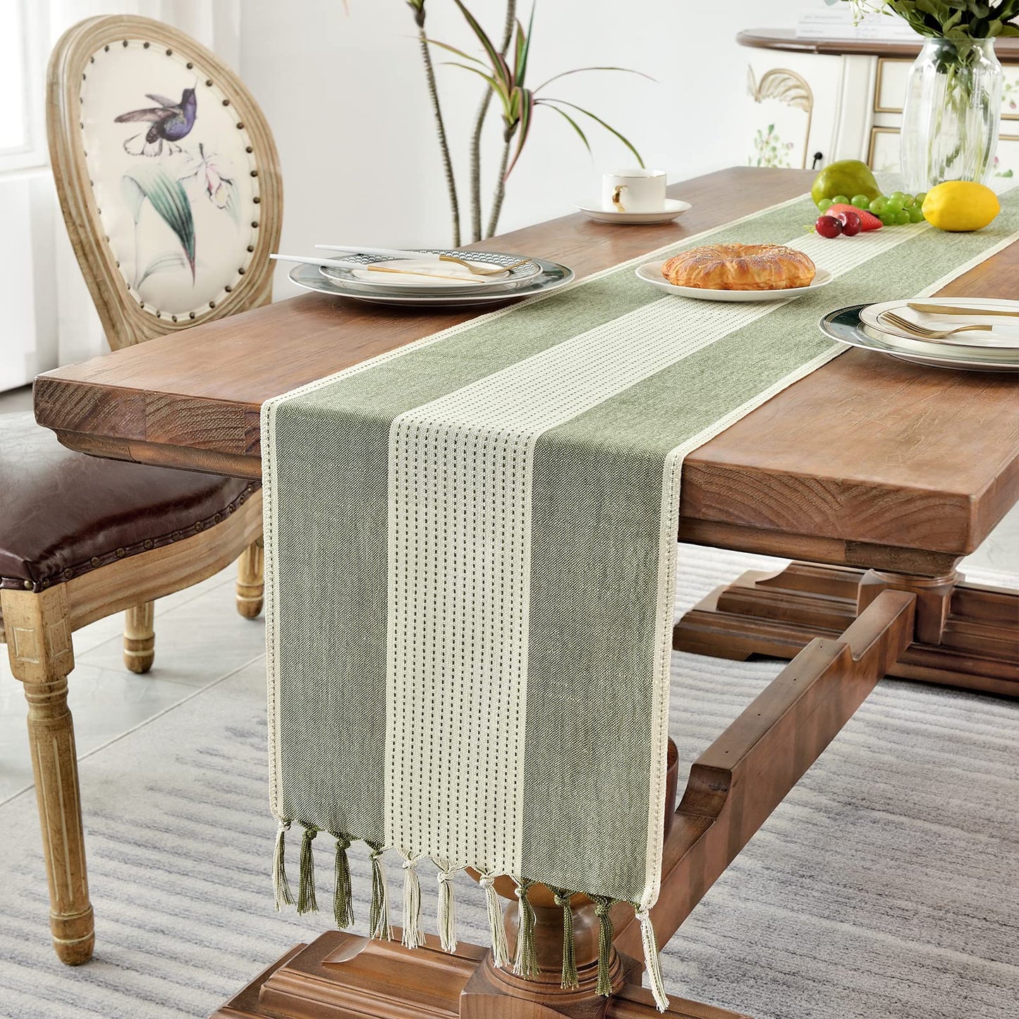 Wracra Linen Table Runner, Farmhouse Macrame Table Runners 72 Inches Long for Dining Table Decor, Wedding, Party and Dresser Decor (Sage Green,72")