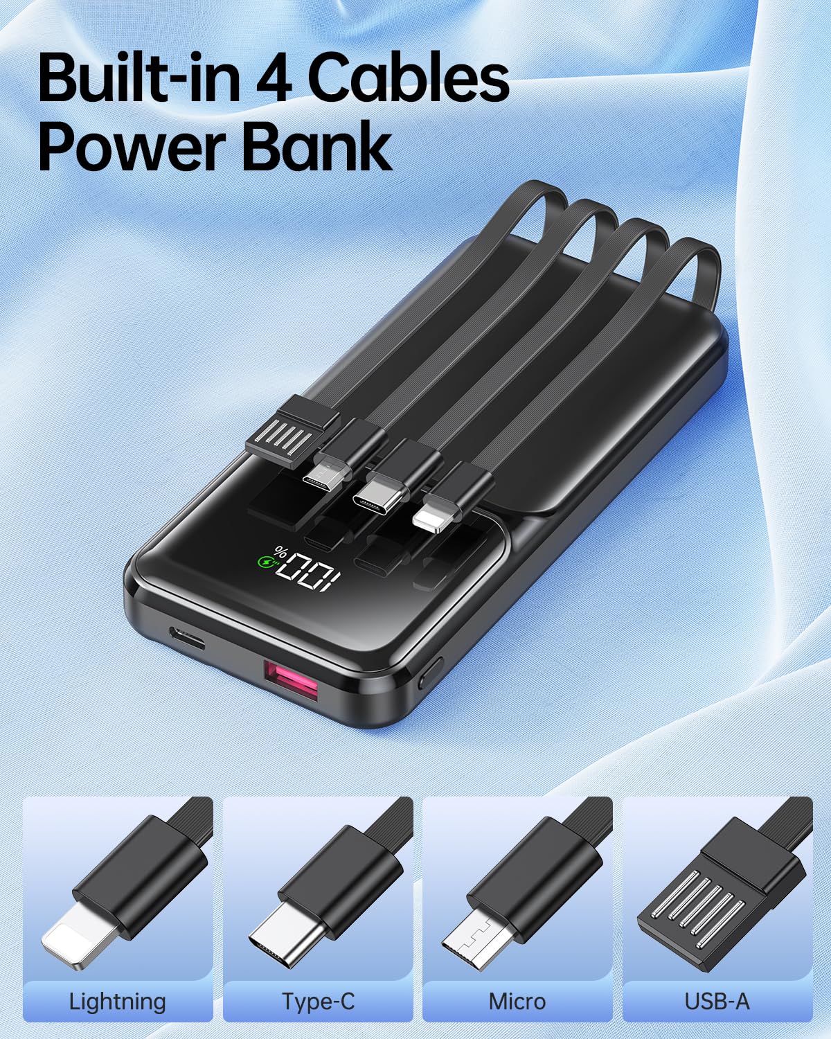 Portable Charger with Built in Cable - 22.5W Fast Charging 20000mAh Slim Power Bank USB C LED Display Travel Battery Pack 5 Outputs & 3 Inputs for iPhone Samsung Android iPad Phones Tablets etc