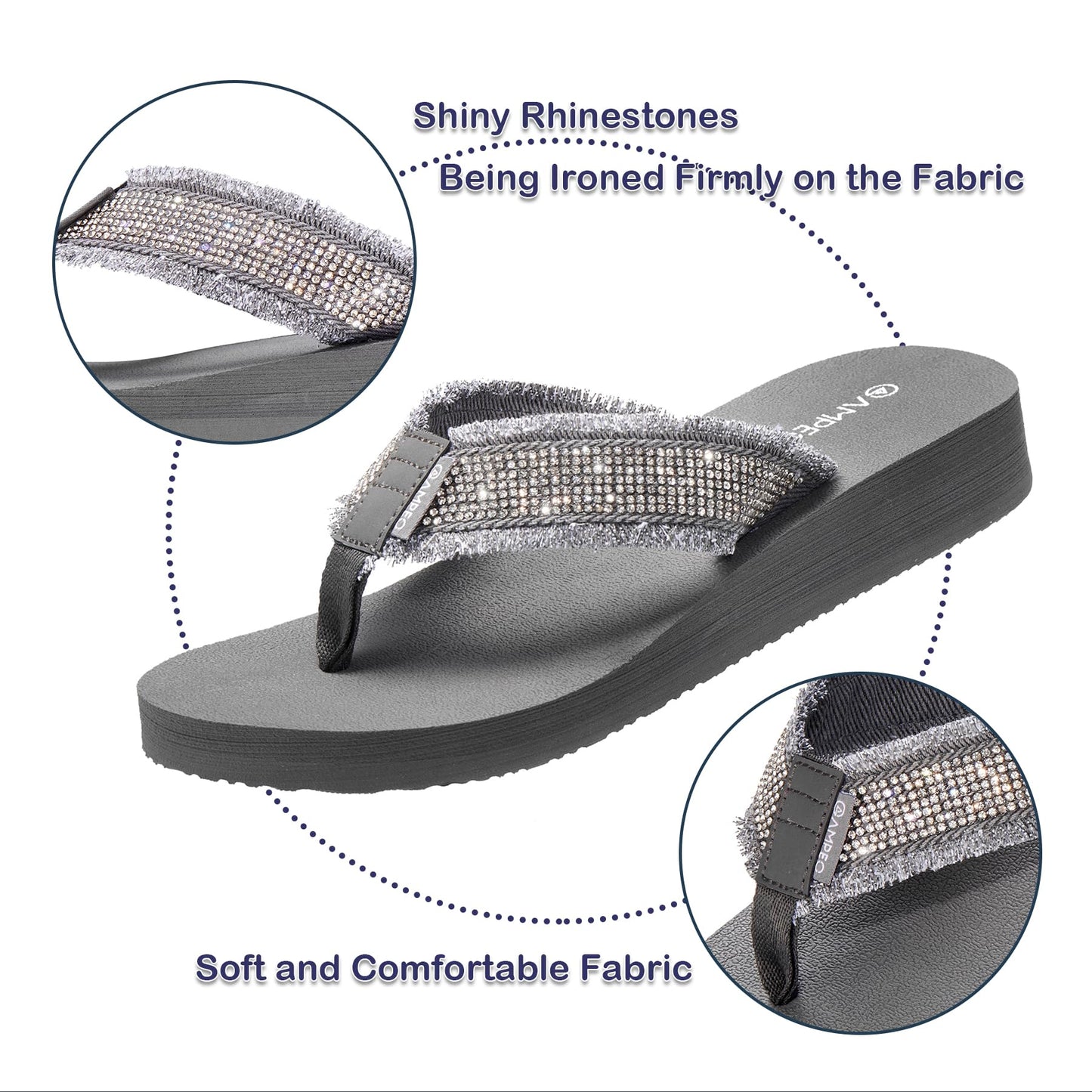 Ampeo Wemen's Comfortable Casual Webbing Rhinestone Wedge Flip Flops,Grey,Gray,Size 8