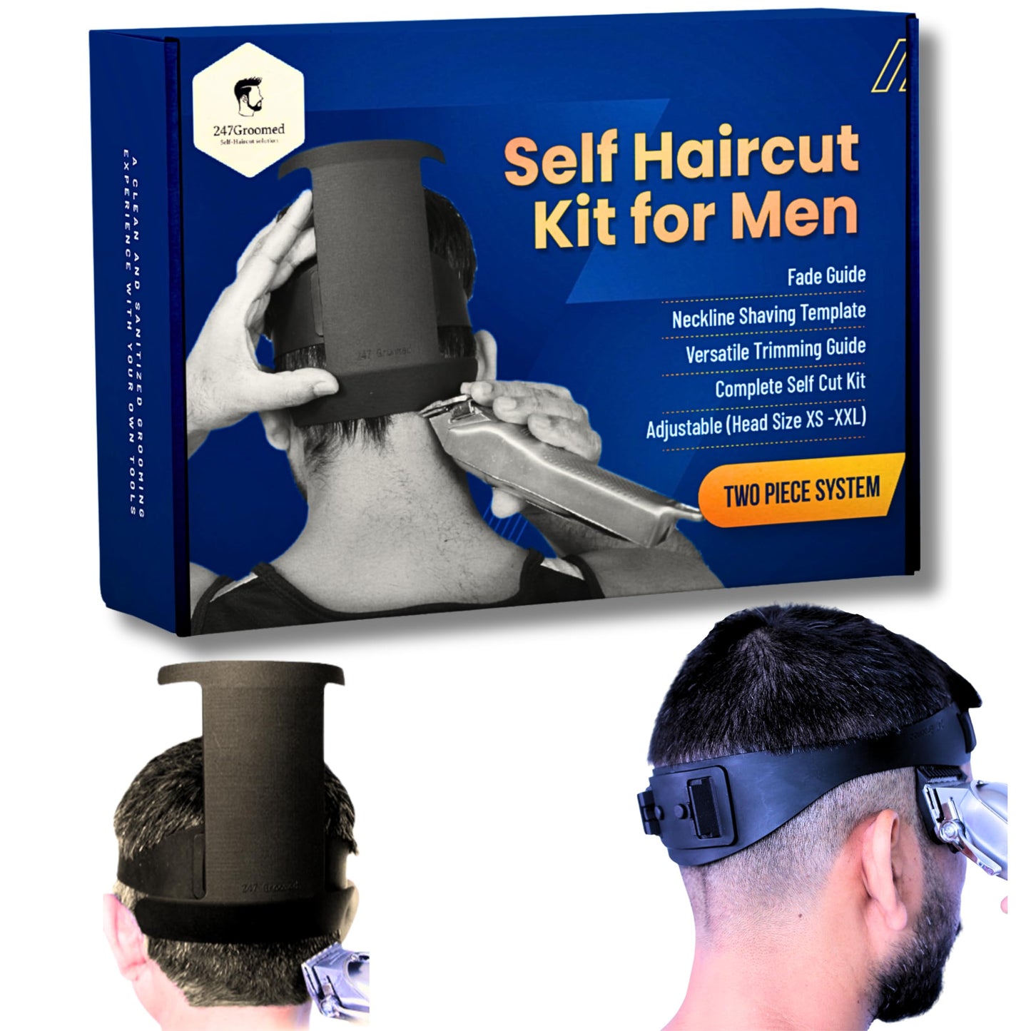 247 GROOMED Self Haircut Kit for Men | 2Pcs SelfCut Guide for Men: Neckline Shaving Template & Fade Guide | Adjustable Size Hair Fade Tool & Stable Neckline Template | Hair Cut for Kids & Seniors