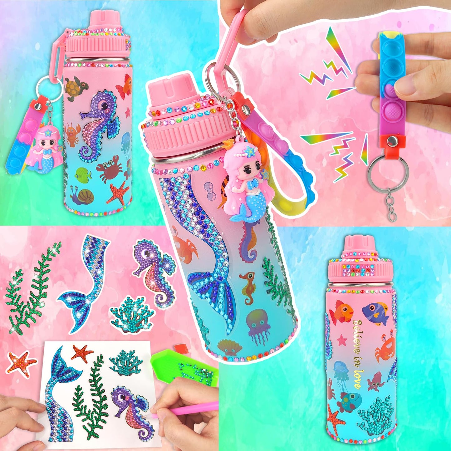 7july Decorate Your Own Water Bottle Kits for Girls Age 4-6-8-10 (Stainless Steel),Mermaid Themed Painting Crafts,Fun Arts and Crafts Gifts Toys for Girls Birthday Christmas