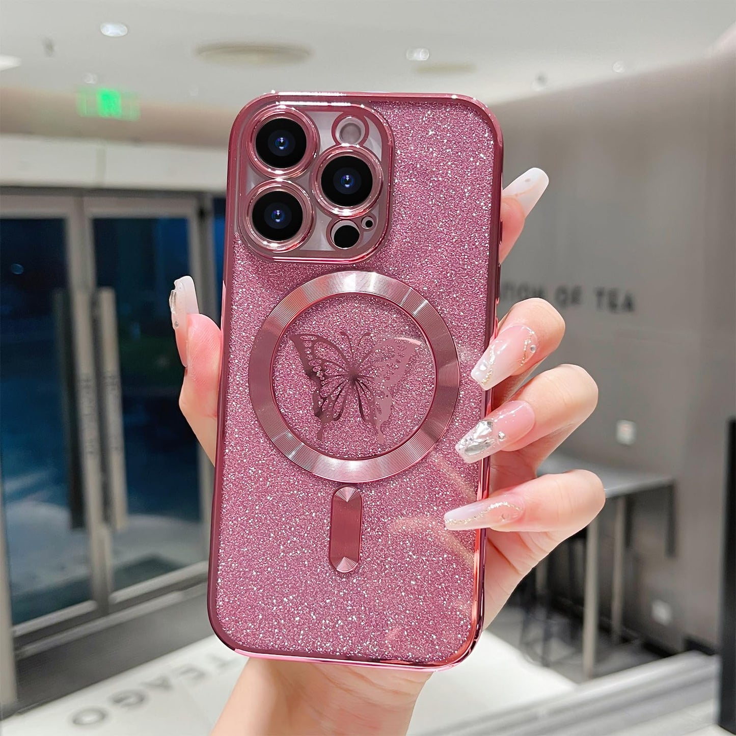 Funda para iPhone 16 Pro (6,3 pulgadas, 2024), compatible con MagSafe, diseño de mariposas de lujo con purpurina para mujeres y niñas, funda suave a prueba de golpes para teléfono, color rosa