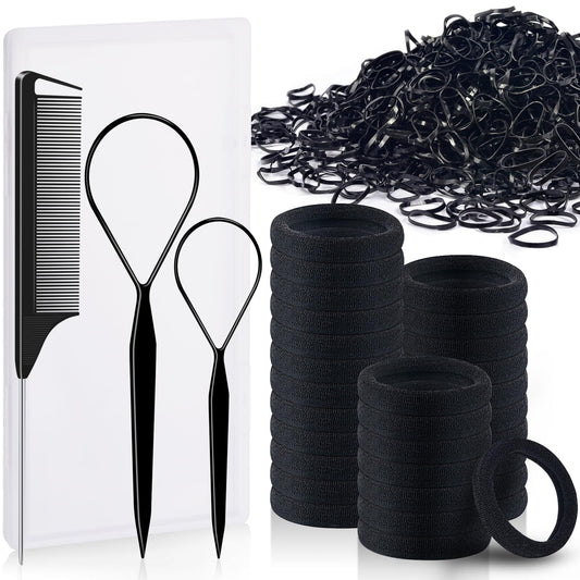 Black Hair Ties Elastic for Women Girls, TsMADDTs Hair Bands Set with 30Pcs Black Cotton Seamless Hair Ties for Thick Hair, 500pcs Mini Hair Rubber Bands, 2pcs Hair Loop Tools and 1pcs Comb