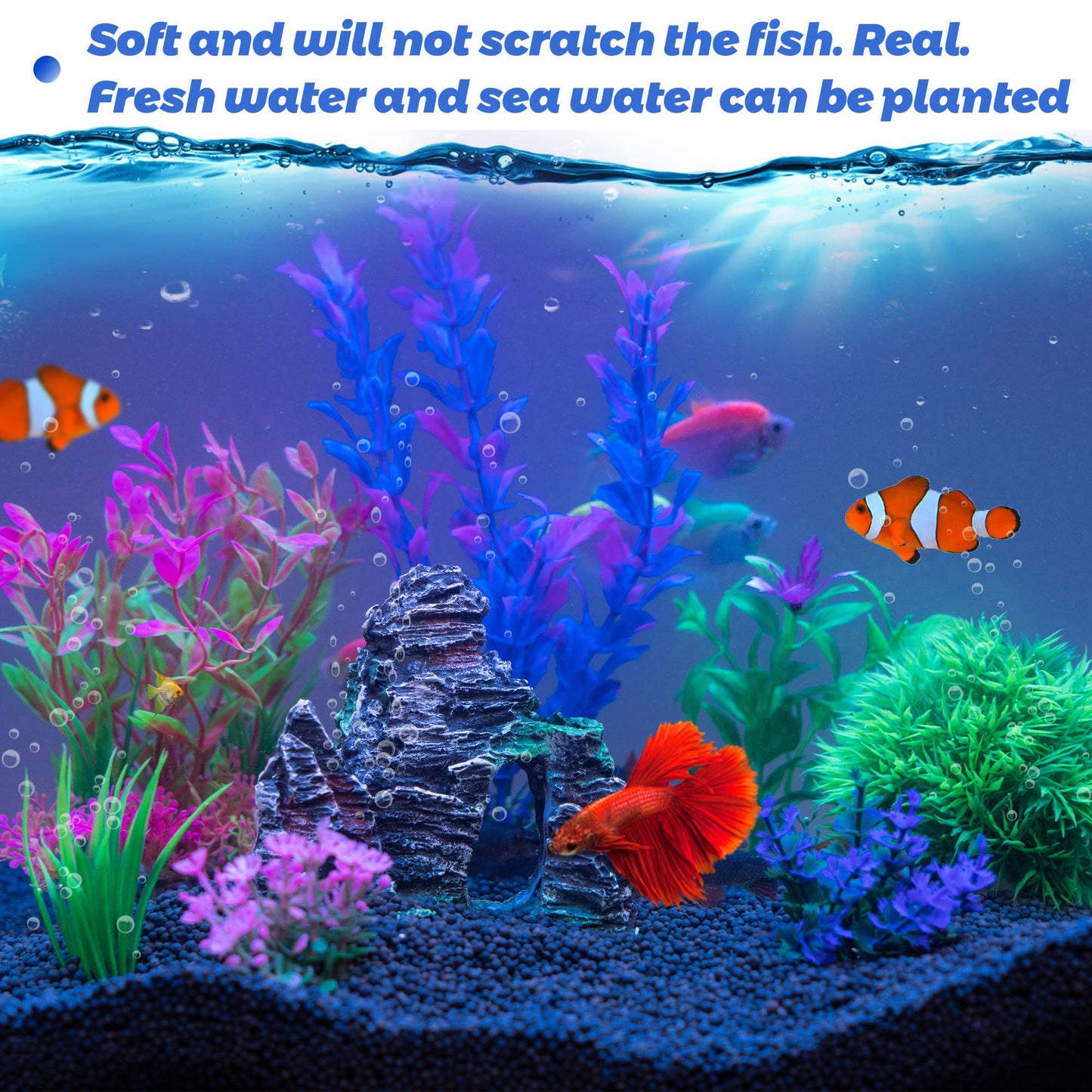 Ameliade Aquarium Decorations Fish Tank Artificial Plastic Plants & Cave Rock Decor Set, Goldfish Betta Fish Tank Accessories Small Large Fish Bowl Decorations