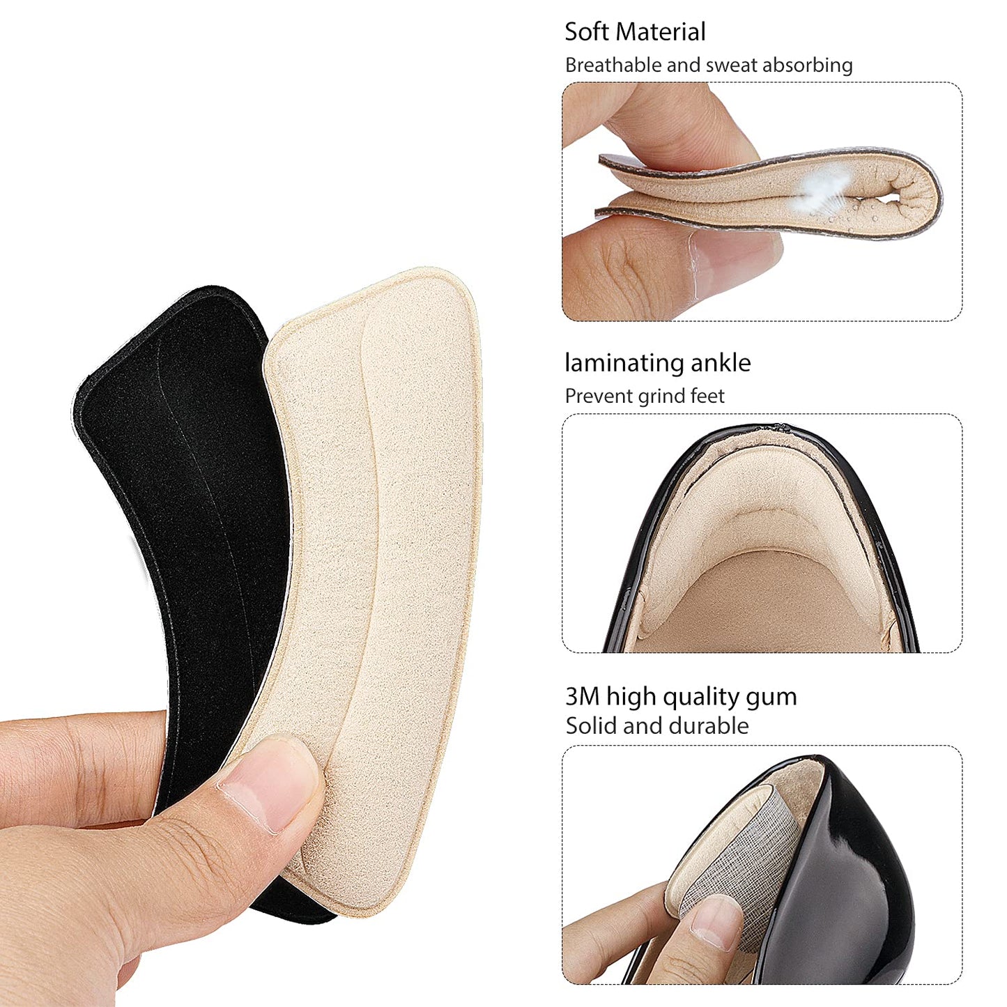 Heel Grips Liner, Cushions Heel Pads Insert Prevent Too Big, Slipping, Blisters, Filler for Loose Shoe Fit (Pale Apricot+Black)