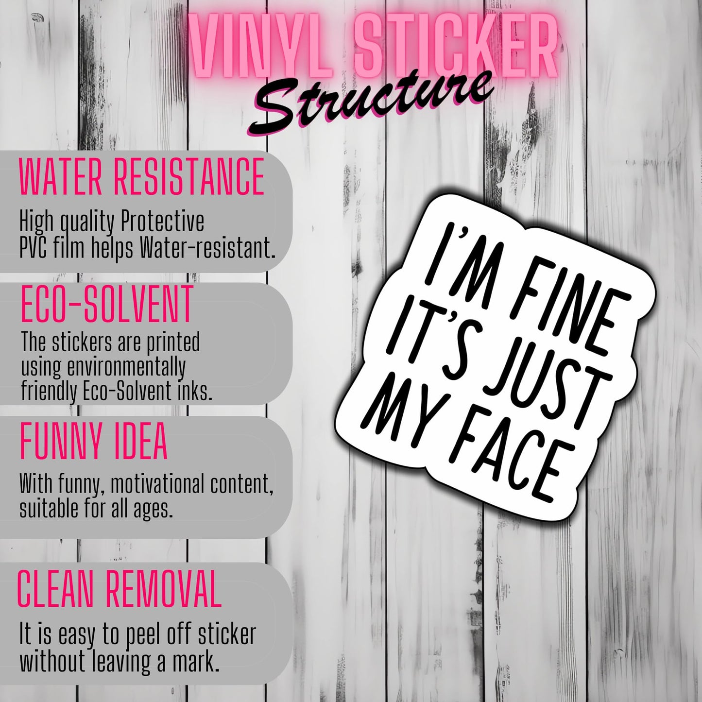 (3 Pcs) I'm Fine It's Just My Face Sticker Funny Decorate Waterproof Vinyl Books Laptops Phone Water Bottles Kindle Decals Bookish Reading Stickers Gifts for Man Woman Boys Girls Size 3"x2.8" Inch