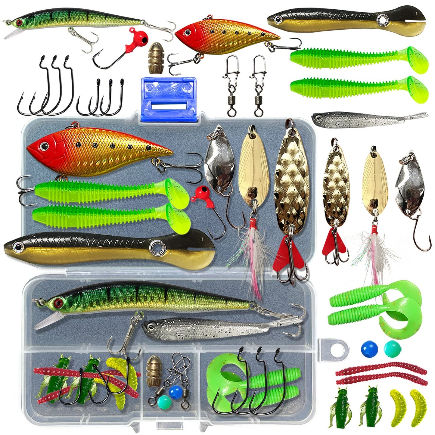 Kit de señuelos de pesca UperUper, cebos y aparejos que incluyen crankbaits, señuelos de superficie, spinnerbaits, gusanos, plantillas, anzuelos, caja de aparejos y más señuelos de pesca para lubina y trucha