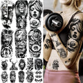 JEEFONNA 72 Sheets Temporary Tattoo for Men Women Adults, Include 12 Sheets Black 3D Half Sleeve Temporary Tattoos, Halloween Tattoos Scary Lion Wolf Tiger Skull Skeleton Tattoos Stickers