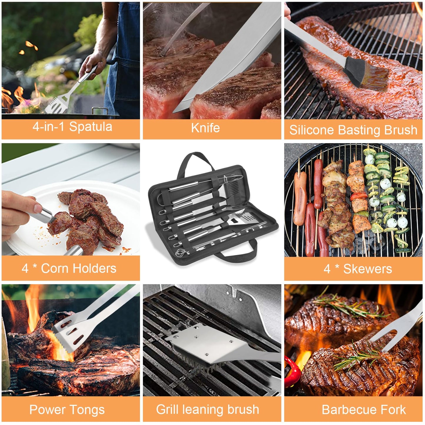 Anpro Grill Kit, Grill Set, Grilling Utensil Set, Grilling Accessories, BBQ Accessories, BBQ Kit, BBQ Grill Tools,Smoker, Camping, Kitchen, Stainless Steel, 21 Pcs,Grilling Gifts for Fathers Day