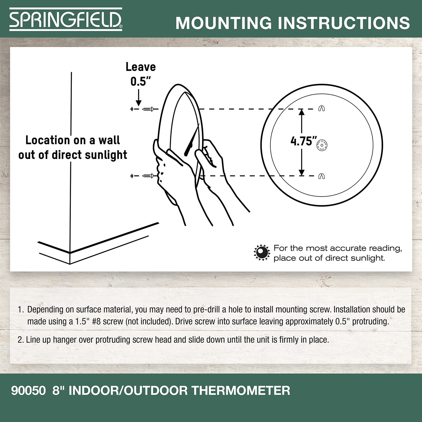 Thermomètre d'intérieur et d'extérieur Springfield à grand cadran, thermomètre sans fil avec grands chiffres faciles à lire pour terrasse, piscine et espaces intérieurs, 8 pouces, blanc