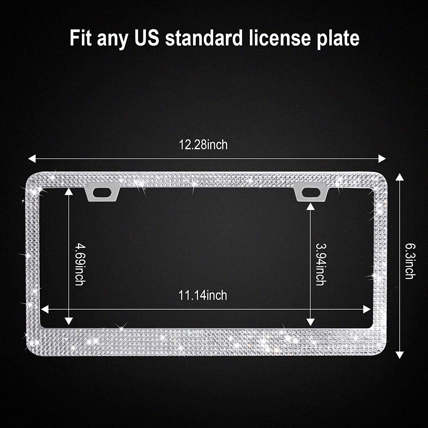 Tchipie Lot de 1 cadre de plaque d'immatriculation en strass brillant, cadre de plaque d'immatriculation de voiture en diamant scintillant et mignon, cadre d'étiquette en cristal pailleté, cadre en acier inoxydable (blanc)