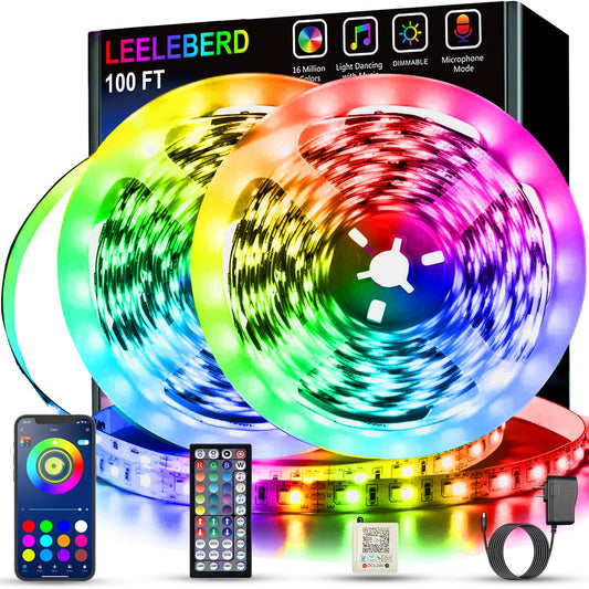 Leeleberd Led Lights for Bedroom 100 ft (2 Rolls of 50ft) Music Sync Color Changing RGB Led Strip Lights with Remote App Control Bluetooth Led Strip, Led Lights for Room Home Kitchen Party Decor