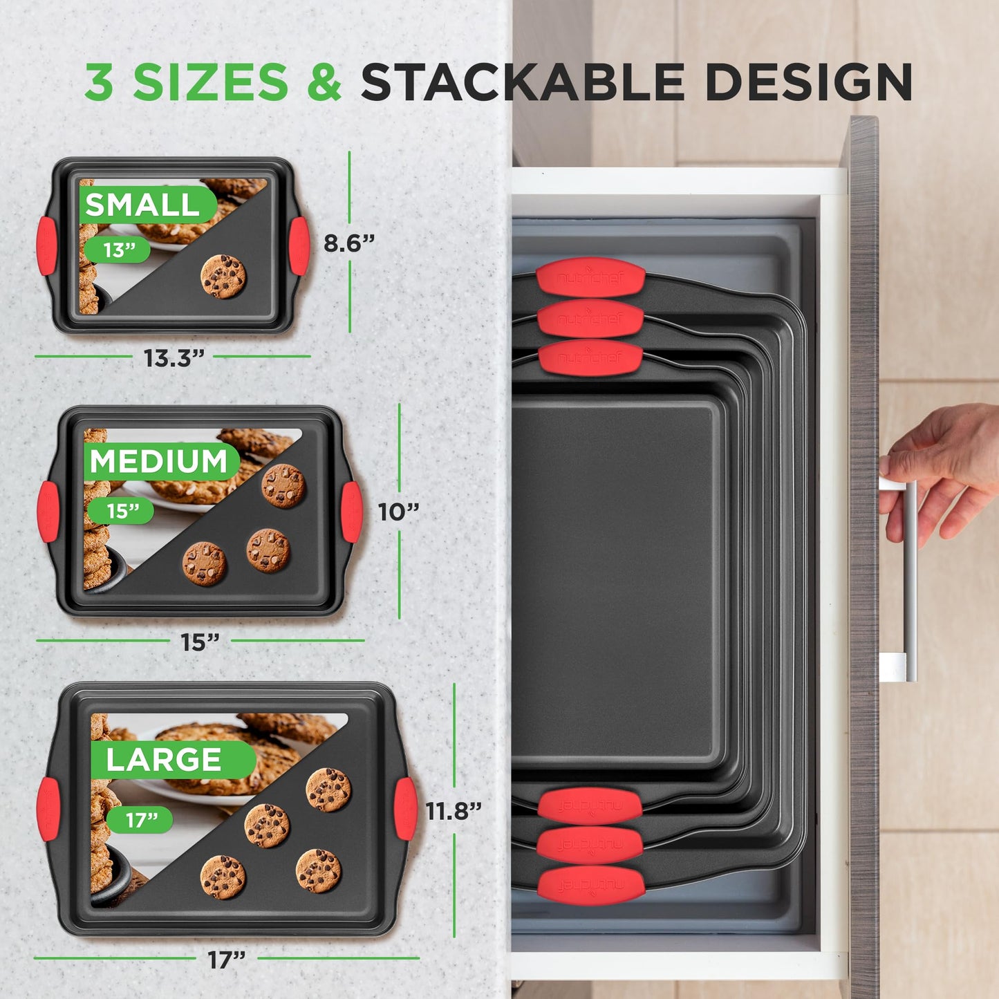 NutriChef 3-Piece Nonstick Kitchen Oven Baking Pans - Premium & Stylish Non-Stick Steel, Commercial Grade Restaurant Quality Metal Bakeware with Red Silicone Handles - Easy to Clean, NCSBS3S